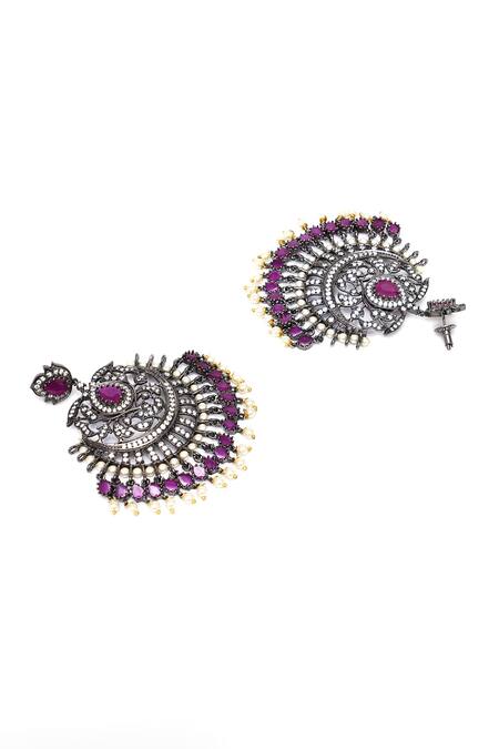Ruby Raang Silver Plated Pearls, Stones Studded Floral Chandbalis And Maangtikka Set Online at Aza Fashions Ruby Raang_Silver Plated Pearls, Stones Studded Floral Chandbalis And Maangtikka Set _Online_at_Aza_Fashions