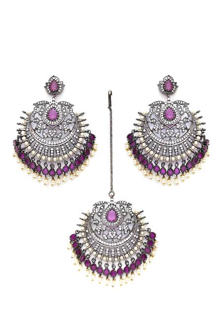 Buy Ruby Raang Silver Plated Pearls, Stones Studded Floral Chandbalis And Maangtikka Set Online at Aza Fashions Buy_Ruby Raang_Silver Plated Pearls, Stones Studded Floral Chandbalis And Maangtikka Set _Online_at_Aza_Fashions