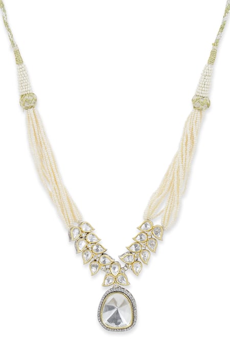 Buy_Ruby Raang_White Geometric Cutwork Kundan Choker _Online_at_Aza_Fashions