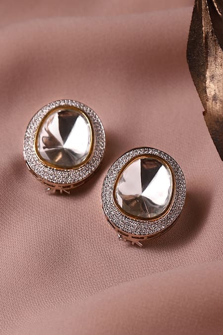 Shop_Ruby Raang_Silver Plated Diamonds, Zari Oversized Kundan Studs _at_Aza_Fashions