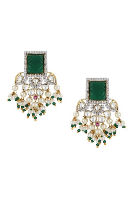 Ruby Raang_Green Stones, Beads, Diamonds Carved Geometric Top Earrings _Online_at_Aza_Fashions