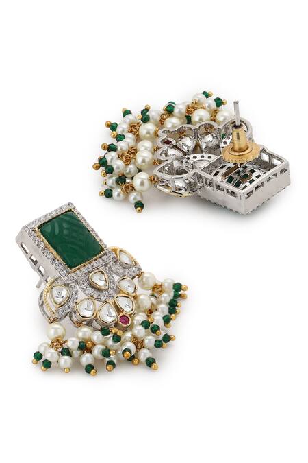 Buy_Ruby Raang_Green Stones, Beads, Diamonds Carved Geometric Top Earrings _Online_at_Aza_Fashions
