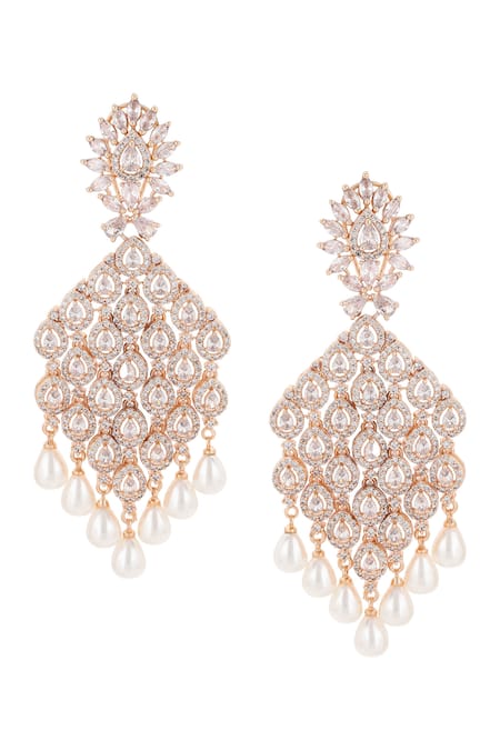 Ruby Raang_Rose Gold Diamonds, Pearls Carved Chandelier Earrings _Online_at_Aza_Fashions