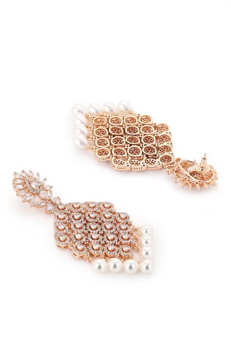 Buy_Ruby Raang_Rose Gold Diamonds, Pearls Carved Chandelier Earrings _Online_at_Aza_Fashions