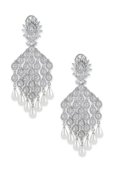 Ruby Raang_Silver Plated Diamonds, Pearls Chandelier Carved Earrings_Online_at_Aza_Fashions