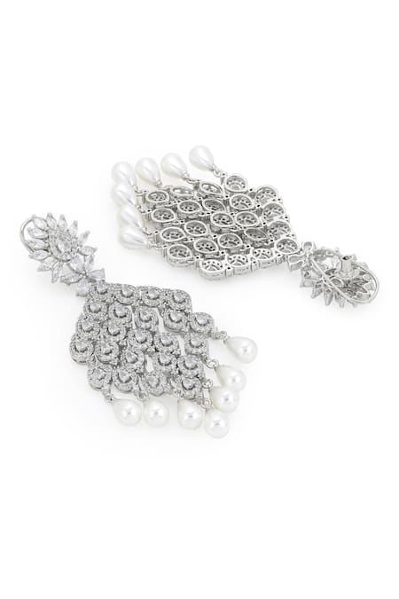 Buy_Ruby Raang_Silver Plated Diamonds, Pearls Chandelier Carved Earrings_Online_at_Aza_Fashions
