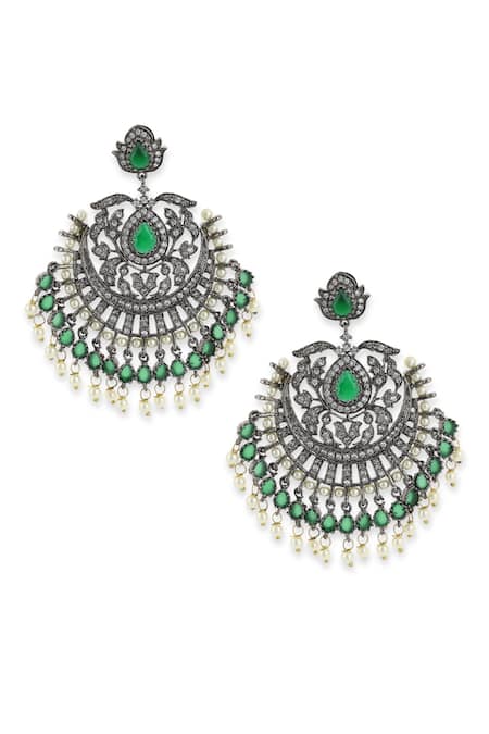 Ruby Raang_Green Stones, Beads, Diamonds Flower Carved Dangler Earrings _Online_at_Aza_Fashions