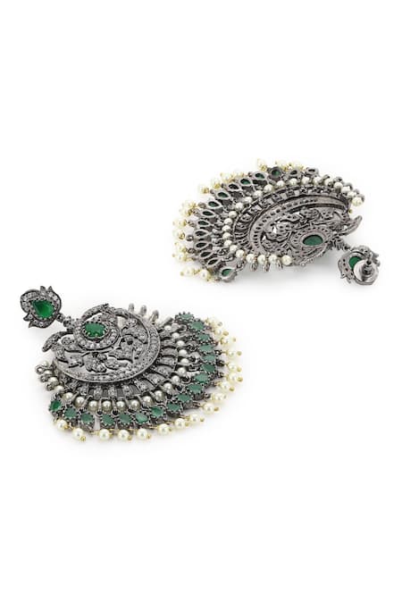 Buy_Ruby Raang_Green Stones, Beads, Diamonds Flower Carved Dangler Earrings _Online_at_Aza_Fashions