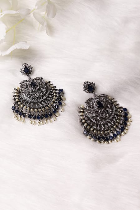 Shop Ruby Raang Blue Diamonds, Beads Carved Dangler Earrings at Aza Fashions Shop_Ruby Raang_Blue Diamonds, Beads Carved Dangler Earrings _at_Aza_Fashions