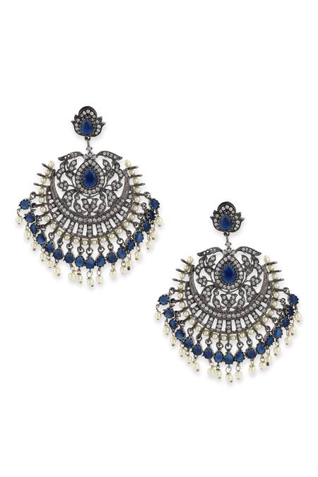 Ruby Raang Blue Diamonds, Beads Carved Dangler Earrings Online at Aza Fashions Ruby Raang_Blue Diamonds, Beads Carved Dangler Earrings _Online_at_Aza_Fashions