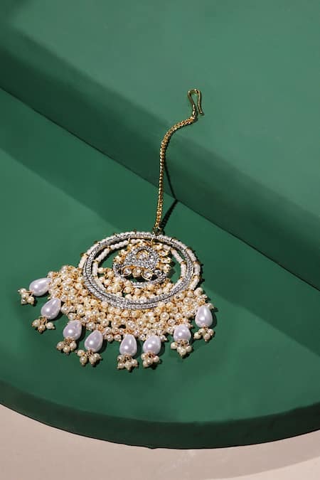 Shop Ruby Raang Gold Plated Floral Carved Maangtikka at Aza Fashions Shop_Ruby Raang_Gold Plated Floral Carved Maangtikka _at_Aza_Fashions