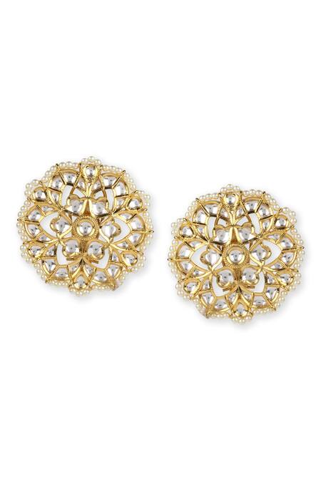 Ruby Raang_Gold Plated Pearls, Stones Clear Kundan Studded Floral Studs _Online_at_Aza_Fashions