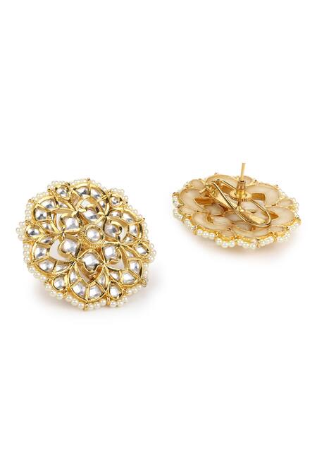Buy_Ruby Raang_Gold Plated Pearls, Stones Clear Kundan Studded Floral Studs _Online_at_Aza_Fashions