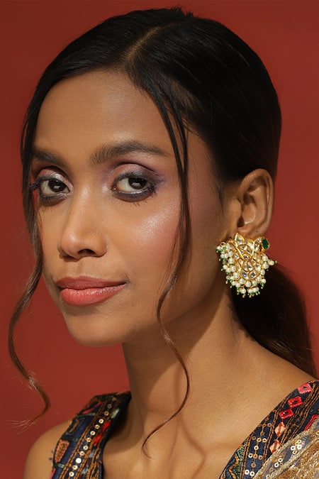Ruby Raang Clear Kundan Studded Peacock Earrings 
