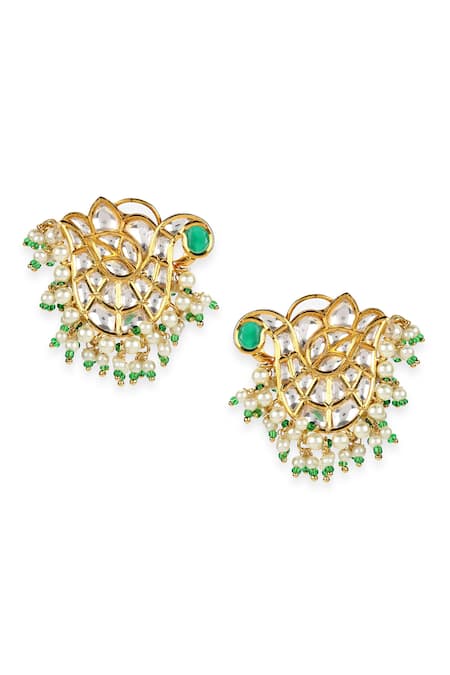 Ruby Raang_Gold Plated Pearls, Stones, Gota Patti Clear Kundan Studded Peacock Earrings _Online_at_Aza_Fashions