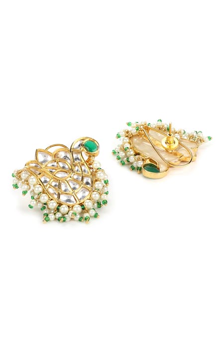 Buy_Ruby Raang_Gold Plated Pearls, Stones, Gota Patti Clear Kundan Studded Peacock Earrings _Online_at_Aza_Fashions