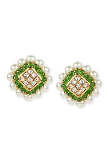 Ruby Raang_Gold Plated Pearls, Stones, Beads Kundan Studded Square Earrings_Online_at_Aza_Fashions