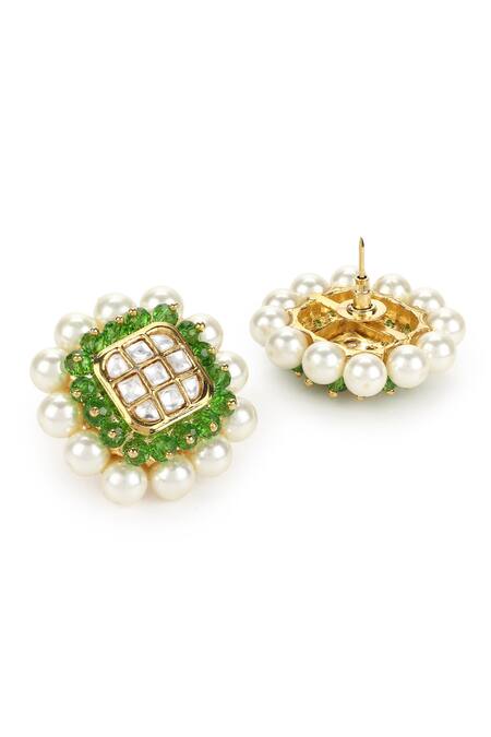 Buy_Ruby Raang_Gold Plated Pearls, Stones, Beads Kundan Studded Square Earrings_Online_at_Aza_Fashions