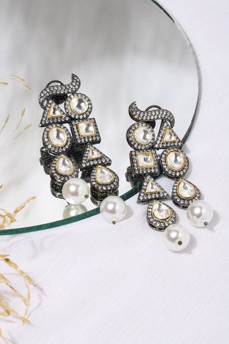 Shop Ruby Raang Silver Plated Pearls, Stones Studded Geometric Earrings at Aza Fashions Shop_Ruby Raang_Silver Plated Pearls, Stones Studded Geometric Earrings_at_Aza_Fashions