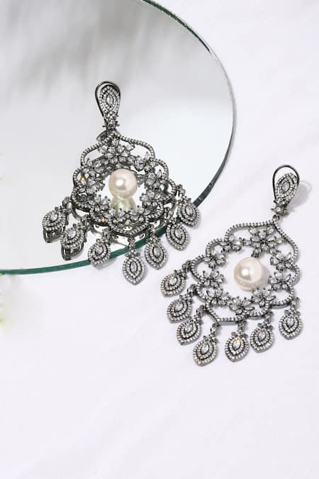 Shop Ruby Raang Gray Pearls, Stones, Gota Patti Floral Swirl Studded Earrings at Aza Fashions Shop_Ruby Raang_Gray Pearls, Stones, Gota Patti Floral Swirl Studded Earrings _at_Aza_Fashions