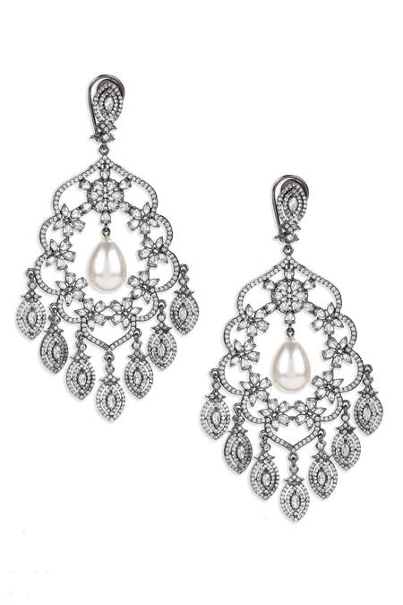 Ruby Raang Gray Pearls, Stones, Gota Patti Floral Swirl Studded Earrings Online at Aza Fashions Ruby Raang_Gray Pearls, Stones, Gota Patti Floral Swirl Studded Earrings _Online_at_Aza_Fashions