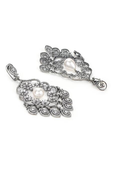 Buy Ruby Raang Gray Pearls, Stones, Gota Patti Floral Swirl Studded Earrings Online at Aza Fashions Buy_Ruby Raang_Gray Pearls, Stones, Gota Patti Floral Swirl Studded Earrings _Online_at_Aza_Fashions