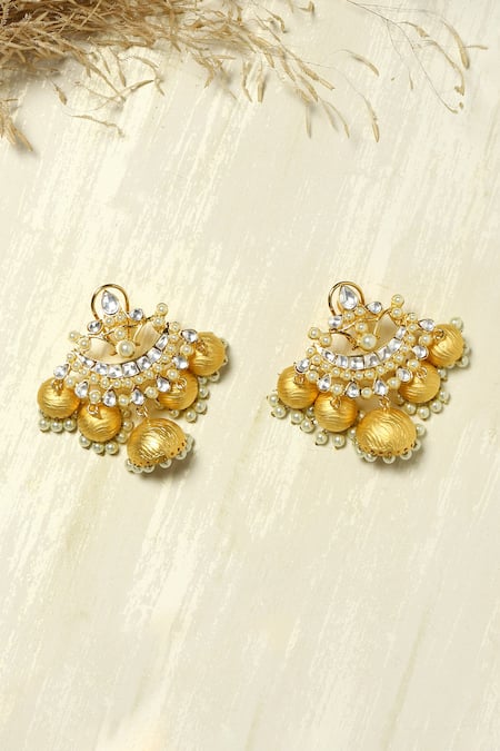 Shop Ruby Raang Gold Plated Pearls, Stones Floral Kundan Studded Earrings at Aza Fashions Shop_Ruby Raang_Gold Plated Pearls, Stones Floral Kundan Studded Earrings _at_Aza_Fashions