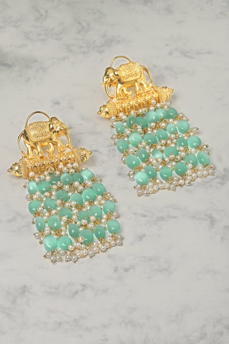 Shop Ruby Raang Sky Blue Pearls, Beads Elephant Tassel Earrings at Aza Fashions Shop_Ruby Raang_Sky Blue Pearls, Beads Elephant Tassel Earrings _at_Aza_Fashions