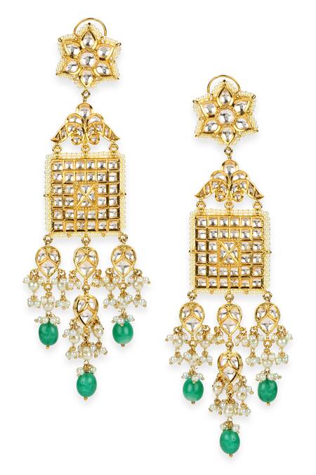Ruby Raang_Gold Plated Beads, Diamonds Kundan Studded Tassel Earrings _Online_at_Aza_Fashions