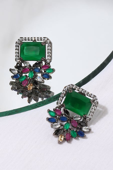 Shop Ruby Raang Silver Plated Stones Studded Floral Earrings at Aza Fashions Shop_Ruby Raang_Silver Plated Stones Studded Floral Earrings _at_Aza_Fashions