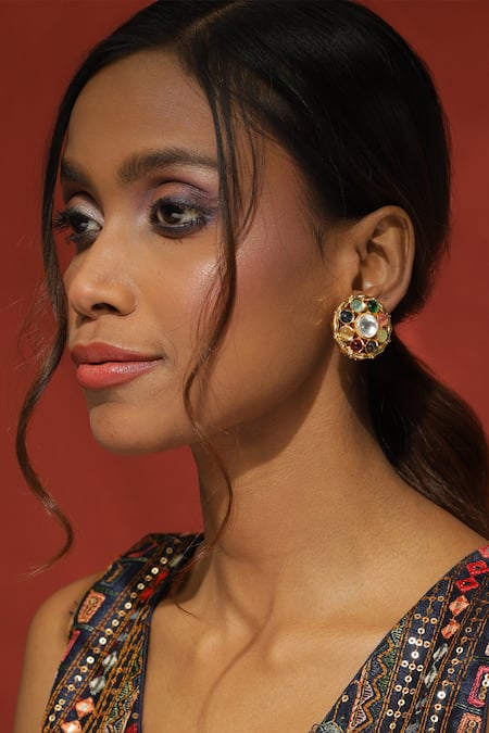 Ruby Raang Stone Studded Navratna Earrings 