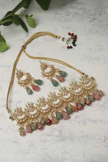 Shop Ruby Raang Gold Plated Pearls, Stones Kundan Studded Half-moon Choker Set at Aza Fashions Shop_Ruby Raang_Gold Plated Pearls, Stones Kundan Studded Half-moon Choker Set _at_Aza_Fashions