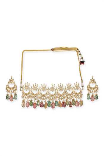 Ruby Raang Gold Plated Pearls, Stones Kundan Studded Half-moon Choker Set Online at Aza Fashions Ruby Raang_Gold Plated Pearls, Stones Kundan Studded Half-moon Choker Set _Online_at_Aza_Fashions