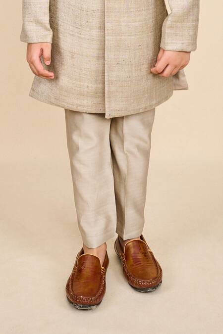 All Boy Couture_Grey Silk, Chanderi Brooches Double Layered Matka Achkan With Pyjama _Online_at_Aza_Fashions