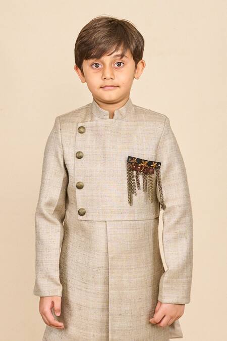 Buy_All Boy Couture_Grey Silk, Chanderi Brooches Double Layered Matka Achkan With Pyjama _Online_at_Aza_Fashions