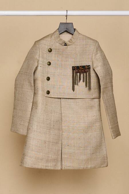 Shop_All Boy Couture_Grey Silk, Chanderi Brooches Double Layered Matka Achkan With Pyjama _Online_at_Aza_Fashions