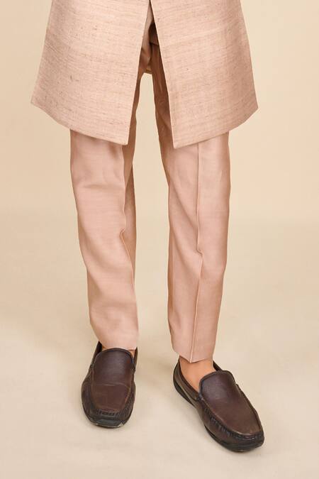 All Boy Couture_Beige Silk, Chanderi Double Layer Matka Achkan With Pyjama _Online_at_Aza_Fashions