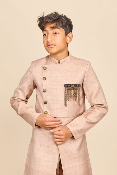 Buy_All Boy Couture_Beige Silk, Chanderi Double Layer Matka Achkan With Pyjama _Online_at_Aza_Fashions