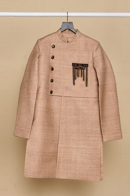 Shop_All Boy Couture_Beige Silk, Chanderi Double Layer Matka Achkan With Pyjama _Online_at_Aza_Fashions