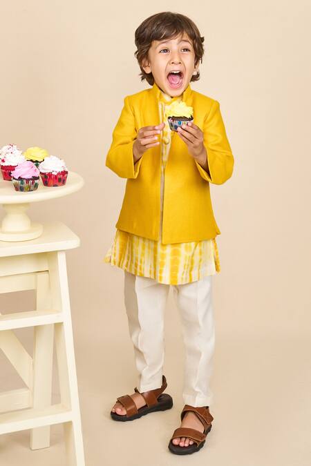 Buy_All Boy Couture_Yellow Jersey, Handloom Cotton Sequins, Chanderi Kurta And Jodhpuri Jacket Set_Online_at_Aza_Fashions