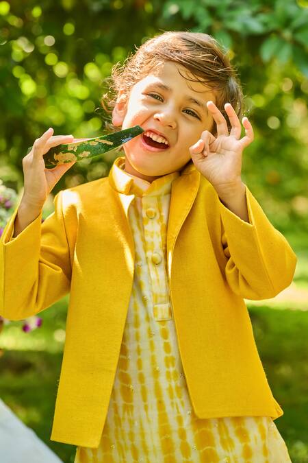 Shop_All Boy Couture_Yellow Jersey, Handloom Cotton Sequins, Chanderi Kurta And Jodhpuri Jacket Set_Online_at_Aza_Fashions