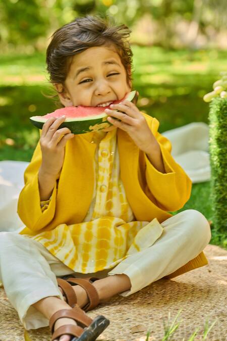 All Boy Couture_Yellow Jersey, Handloom Cotton Sequins, Chanderi Kurta And Jodhpuri Jacket Set_at_Aza_Fashions