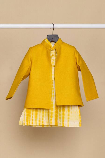 Shop_All Boy Couture_Yellow Jersey, Handloom Cotton Sequins, Chanderi Kurta And Jodhpuri Jacket Set