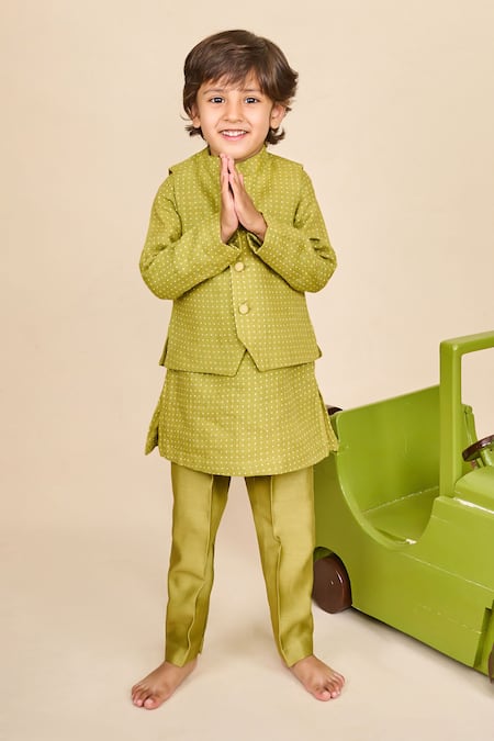 All Boy Couture Polka Dot Print Bundi & Kurta Set 