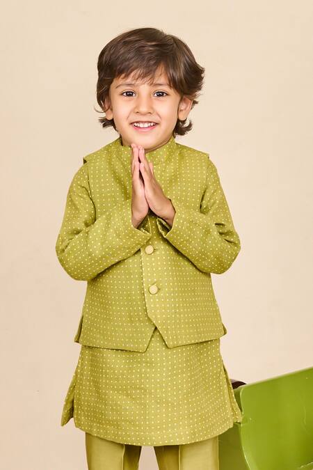 Shop All Boy Couture Green Chanderi, Linen, Handloom Cotton Polka Dot Print Bundi And Kurta Set at Aza Fashions Shop_All Boy Couture_Green Chanderi, Linen, Handloom Cotton Polka Dot Print Bundi And Kurta Set_at_Aza_Fashions