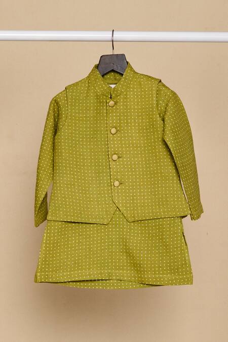 All Boy Couture_Green Chanderi, Linen, Handloom Cotton Polka Dot Print Bundi And Kurta Set_Online_at_Aza_Fashions