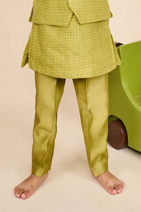 Buy All Boy Couture Green Chanderi, Linen, Handloom Cotton Polka Dot Print Bundi And Kurta Set Online at Aza Fashions Buy_All Boy Couture_Green Chanderi, Linen, Handloom Cotton Polka Dot Print Bundi And Kurta Set_Online_at_Aza_Fashions