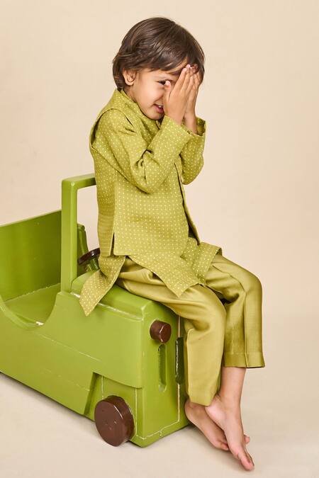 Shop All Boy Couture Green Chanderi, Linen, Handloom Cotton Polka Dot Print Bundi And Kurta Set Online at Aza Fashions Shop_All Boy Couture_Green Chanderi, Linen, Handloom Cotton Polka Dot Print Bundi And Kurta Set_Online_at_Aza_Fashions