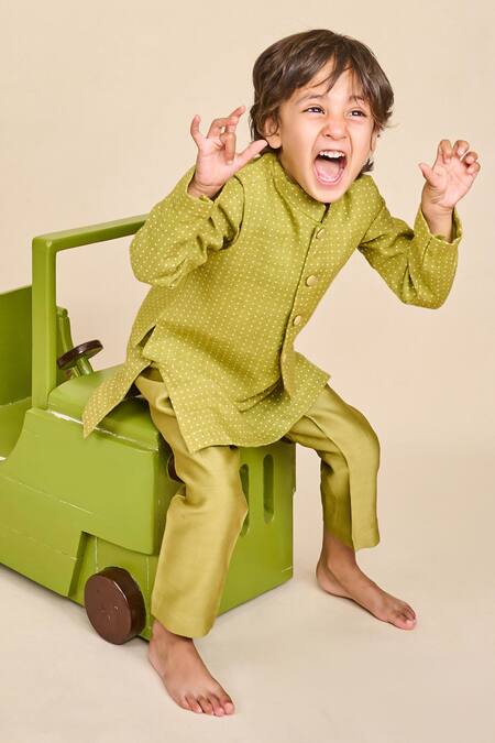 All Boy Couture Green Chanderi, Linen, Handloom Cotton Polka Dot Print Bundi And Kurta Set at Aza Fashions All Boy Couture_Green Chanderi, Linen, Handloom Cotton Polka Dot Print Bundi And Kurta Set_at_Aza_Fashions