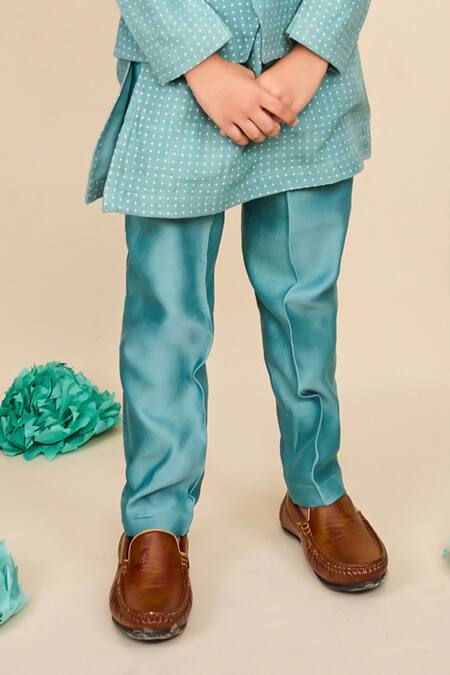 All Boy Couture_Blue Chanderi, Linen Polka Dot Print Bundi And Kurta Set_Online_at_Aza_Fashions